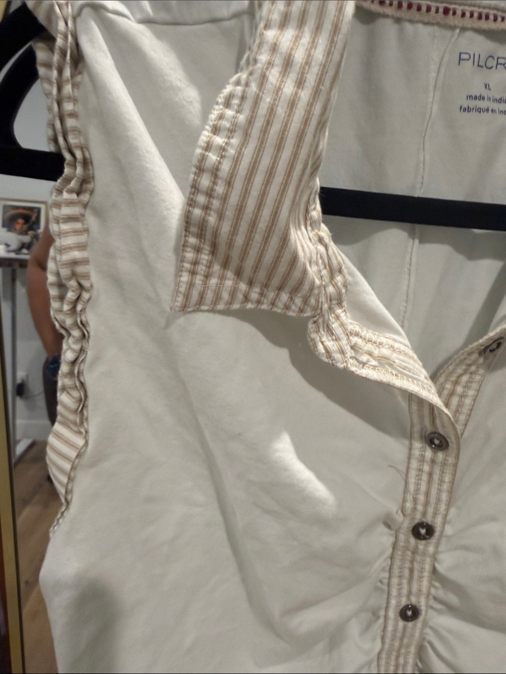 Pilcro Cream Sleeveless Ruched Collared Tank with Tan Stripe Trim - Picture 3 of 4